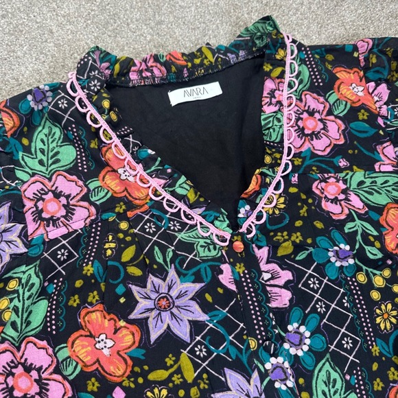 AVARA Black Floral S Print Button Front Blouse Long Sleeve Ruffle Collar Cotton - Picture 2 of 11